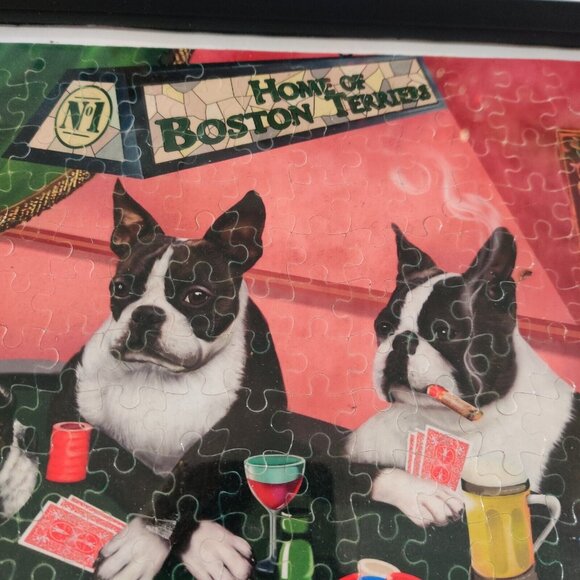 Home of Boston Terriers - Four Dogs Doggie Playing Poker Framed Puzzle 12x15" - Picture 2 of 9